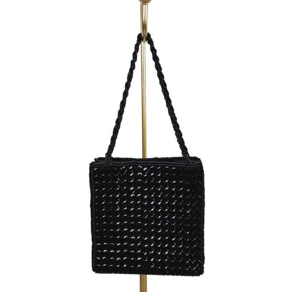 Vintage La Regale Mini Black Square Flat Button Sequin Handbag Evening Bag - Picture 2 of 8